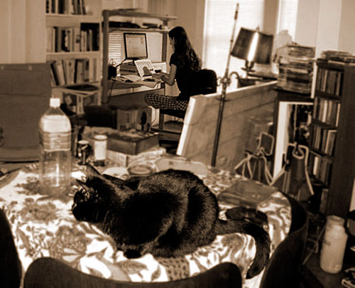 Home office with Jellybean in the foreground